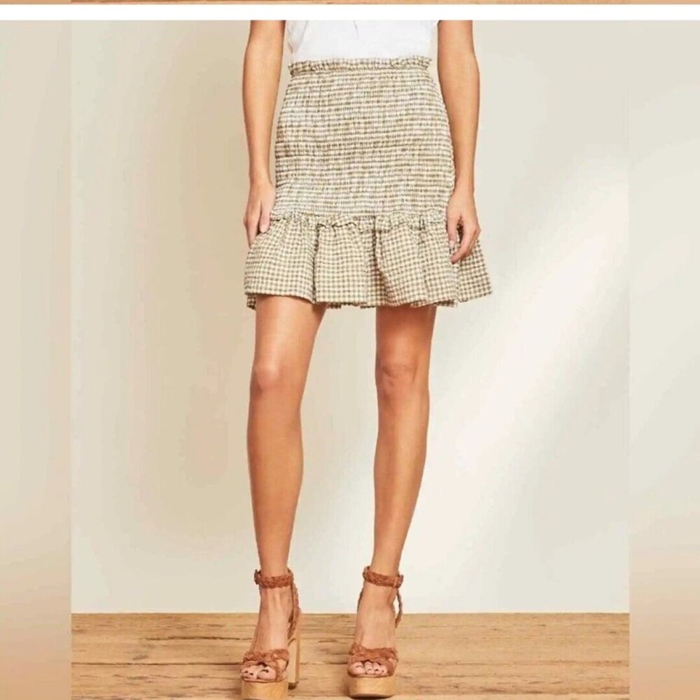 Veronica Beard Aloya Smocked Gingham Mini Skirt Green Ruffle Hem Size L NWT - Picture 4 of 11